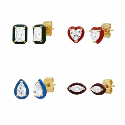 Gemnel Sparkling White Zircon Multicolor Enamel Stud Earrings Heart Pear Marquise Emerald Cut Jewelry Set 14K Gold Plated S925