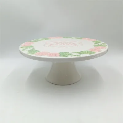 Elegant White Ceramic Cake Stand with Pink Floral and Green Leaf Decor, Perfect for Party Dessert Display