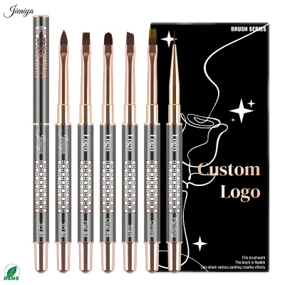 High Quality Cut-out Hollow Gray Metal Handle Nylon Hair Nail Art Brush Set for Gel Nail Design and Home DIY Manicure