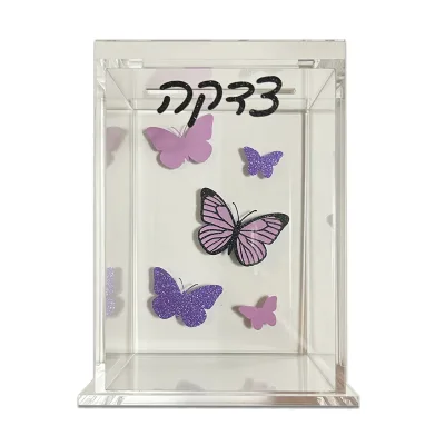Judaica Tzedakah Charity Box 6.25In Acrylic Pushka Box with Butterfly Pattern Clear Lucite Coin Collection Box for Gift