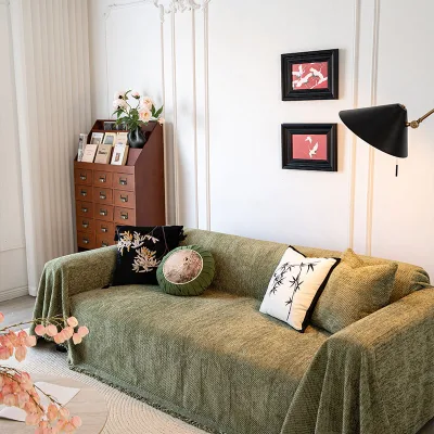 Modern Light Luxury Style Green Sofa Towel Integrated Tassel Dustproof Sofa Cover Home Decoration Non-Slip Sofa Cushion Cover