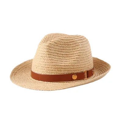 Adult Factory Natural Panama Raffia Hat Curled Edge Top Jazz Fedora Straw Hat With Belt