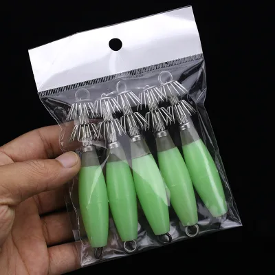 10cm 14.5g 6Colors Stainless Steel Saltwater Glow Squid Jigs Fishing Jigs Squid Hard Night Fishing Bait Luminous Squid Jig Hooks