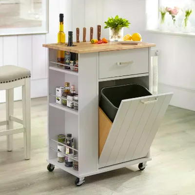 Contemporary Kitchen Island with Wood Top Knives Holder and Tilt Out Trash Cabinet Keep Pets Out Kitchen Trolley Cabinet