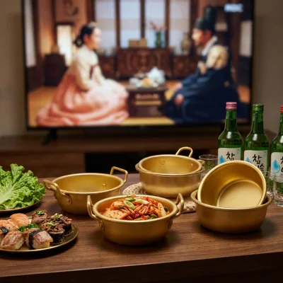 Wholesale Korean Aluminum Rice Wine Bowl Set Tableware With Handle for Hot Wine Snacks Soup Kimchi for Food Commercial Use