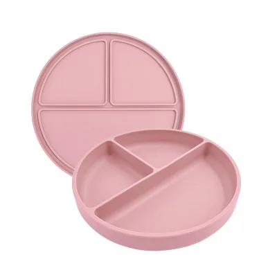 Eversou Heat Resistant Anti Spill Silicone Baby Plate 3 Compartment Toddler Suction Feeding Tray With Cover