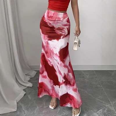 Women's Elegant Tie-dye Floral Print Midi Skirt, Vertical Stretchy Resort Casual Beach Wear