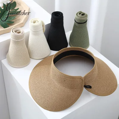 UV UPF Packable Foldable Roll-Up Ponytail Travel Sun Visor Hats for Women Wide Brim Straw Summer Beach Hat