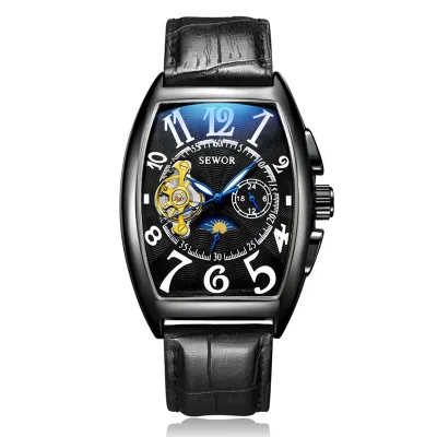 SEWOR New Black Gold Tonneau Tourbillon Automatic Mechanical Watch Men Genuine Leather Strap Men Clock Male Men Wristwatches