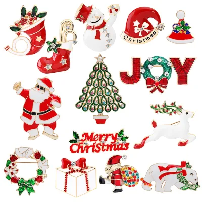 Manufacturer Luxury Merry Christmas Gift Brooches Christmas Tree Stocking Reindeer Snowflake Santa Claus Snowman Badge Brooch