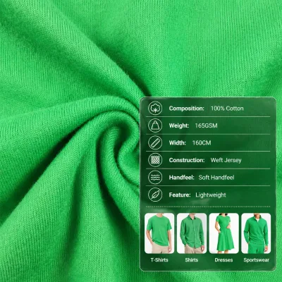 100% Cotton 165GSM 160cm Cotton Fabric for Clothing Yarn Dyed Weft Brushed Jersey Soft Lightweight Including Shirts Sportswear