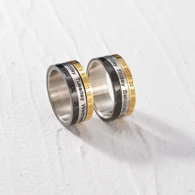 Stainless Steel Gold Filled Creative Rotating Time Calendar Rotating Ring Male Niche Design Roman Numerals Ring