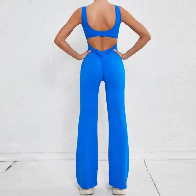 High Quality Fitness Square Neck Top Bra One Piece V Back Pleat Scrunch Hip Flare Pants Women Hollow Out Jumpsuit
