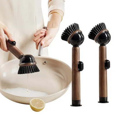Self-designed Plastic Wood Grain Suction Cup Long Handle Kitchen Cleaning Brush for Pot Washing