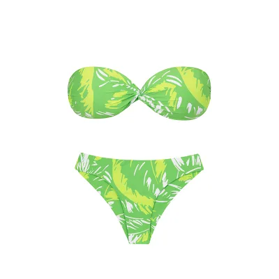 Green Tropical Print Strapless Bikini Set With Twist Front And Elastic Waist Two Piece Swimwear