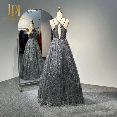 Modern Banquet Gowns Sleeveless A-Line Chiffon Prom Dresses Floor-Length High Neck Embroidery Natural Waist Summer Anti-Static