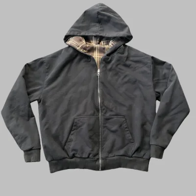 OEM Streetwear Heavyweight Cotton Hoodies Custom Flannel Plaid Two Sided Hoodie Oversize Reverse Zip up Hoodies for Men