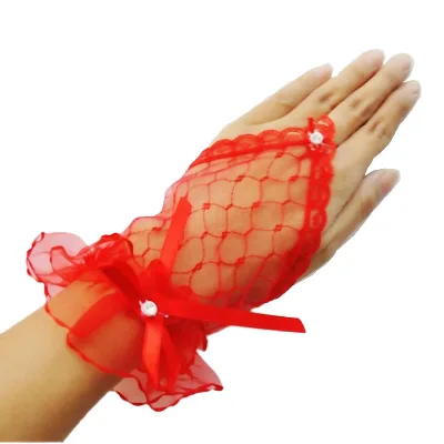 Womens' Wedding Gloves Fingerless Rhinestone Lace Gloves for Brides and Bridesmaids Lace Bow Gloves White