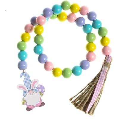 Cute Easter Gnomes Bunny Wood Beads Garland With Tassels Farmhouse Tray Wall Hanging Decor