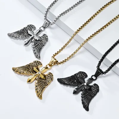 Punk Hip-hop Cross Necklace Religious Jewelry Archangel Double Winged Cross Stainless Steel Pendant Necklace for Men  Gifts