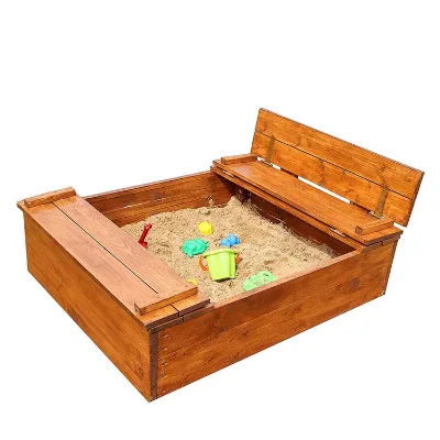 Outdoor Kids Playing Backyard Wooden Sandbox With Two Children