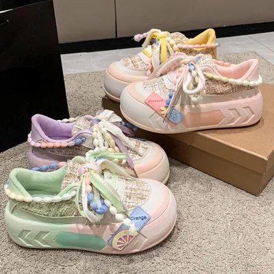 Casual Walking Shoes Chunky EVA Rubber Sole Pastel Beaded Lace up Fashion Sneakers for Ladies Spring Summer Autumn Winter