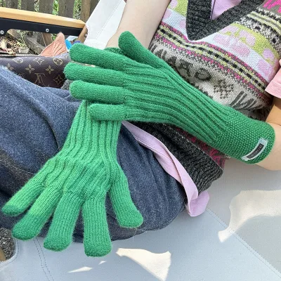 Autumn Winter for Screen Warm Two-finger Acrylic Windproof Gloves Plain Solid Color Knitted Long Finger-exposed