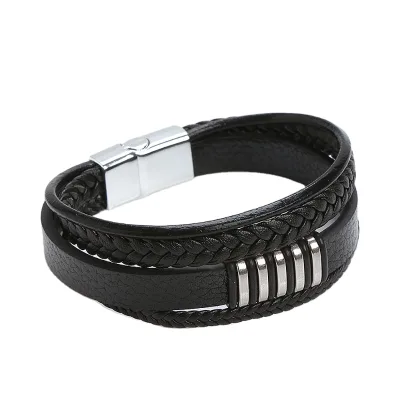 Personalized Stainless Steel Clasp Men's Braided Genuine Leather Bracelet