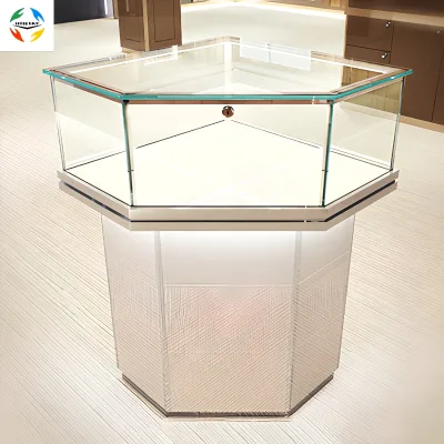 China Wholesale High Quality LED Lit Glass Showcase Jewelry Retail Store Display Cabinet with White Finish Corner Kiosk Storage