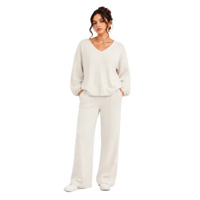 Women's Two Piece Knit Lounge Set Long Sleeve Sweater Wide Leg Pants Loose Fall Winter Wholesale Outfit