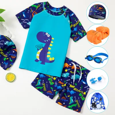Cartoon Print Kids Swimsuit Cover Ups Separates Swim Trunks & Top for Boys & Girls Students