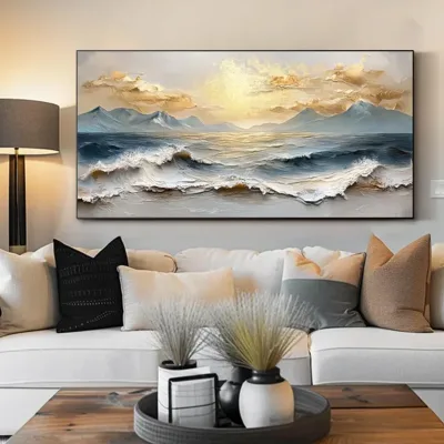 Ocean Wave Oil Painting on Textured Canvas Large Golden Coastal Sunset Mountain Lake Landscape Wall Art Bedroom Wall Art Decor