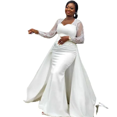 African Mermaid Plus Size Wedding Dresses Detachable Train Overskirts Sweetheart Neck Long Sleeve Pearls Beaded Bridal Gowns