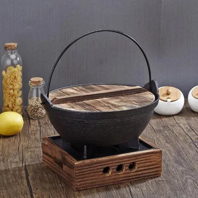 Cast Iron Cooking Pot With Wooden Lid Outdoor Garden Home Kitchen Camping Cast Iron Casserole Pot for BBQ Picnic Use