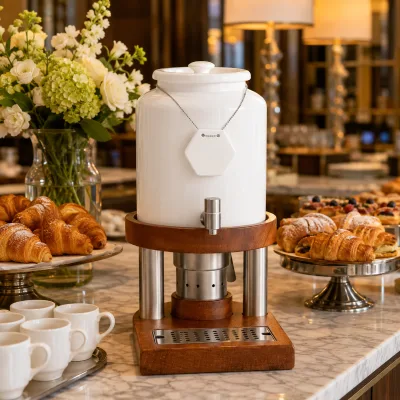 Luxury 10L Stainless Steel & Ceramic Beverage Dispenser Wooden Stand Electric Hot Cold Drink Server for Hotel Restaurant Buffet