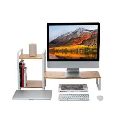 Bamboo Stand Computer Riser 2 Tier Desktop Bookshelf Countertop Bookcase Desktop Shelf White