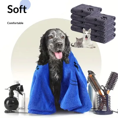 Microfiber Pet Paw Print Pattern Thickened Quick-Dry Bath Towel for Dogs and Cats Large Size