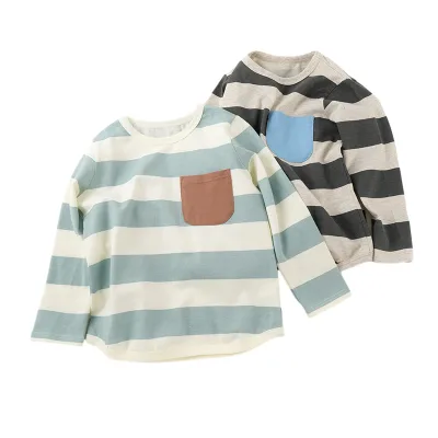 Customization Logo Spring Summer Boys T-shirts O-Neck Long Sleeve Dot Pattern Contrasting Striped Polyester/Cotton Casual