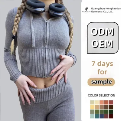Cozy Women's Fall/Winter Sweater-Knit Zip Flare Pants Set Customizable Two-Piece Lounge Wear with Solid Pattern and Sweet Style
