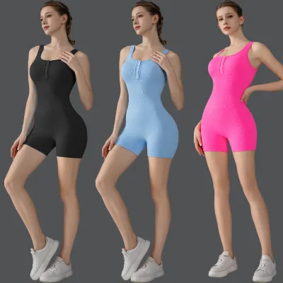 2025 New Women's Seamless One-Piece Sports Bodysuit with Threaded Shoulder Straps Yoga Jumpsuit