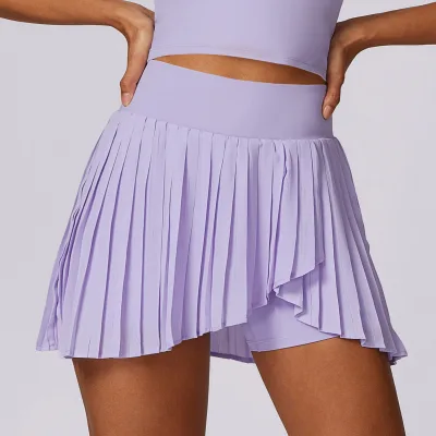 Women Casual Pleated Woven Tennis Skirt Quick-Dry Anti-Exposure Fitness Tennis Nylon Spandex Solid Color