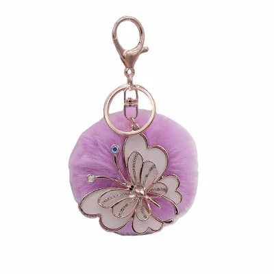 Elegant Crystal Rhinestone Butterfly Fluffy Pom Pom Keychain Rose Gold Metal Butterfly Furry Ball Keyring Fashion Bag Hanging
