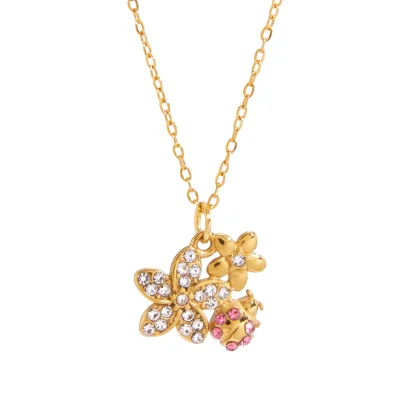 Wholesale Stainless Steel Zircon Beetle Necklace Flower Pendant Jewelry for Women 18K Gold Plated Waterproof Animal Jewelry