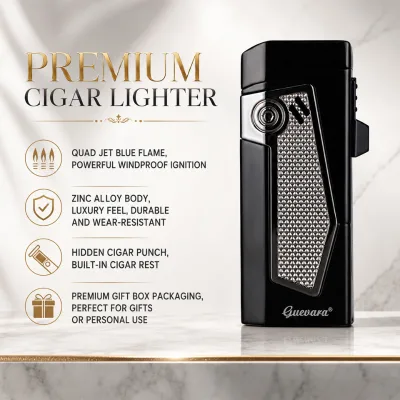 GUEVARA Quad Jet Flame Zinc Alloy Windproof Portable Durable Cigar Lighter Built-in Punch Rest Luxury Gift OEM/ODM Wholesale