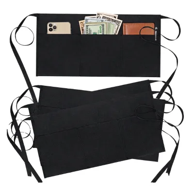 BOHARERS 4 Pack Polyester Waitress Apron with 3 Pockets-Black Server Aprons Heavy Weight Adjustable Half Waist Design