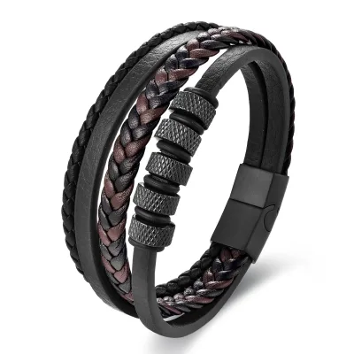 Custom Men's Engraved Leather Bracelet Genuine Leather Wristband with Magnetic Clasp
