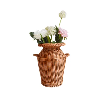 Hot Sale Eco Friendly Home Decor Modern Hand Woven Chinese Style Two Ears Table Vase Basket Rattan Flower Vase