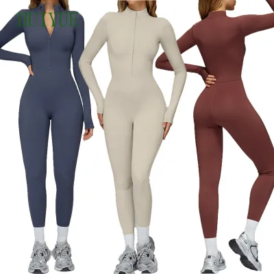 Wholesale Autumn Women One Piece Tight Warm Bodysuit Long Sleeve High Elastic Gym Fitness Sport Zippy Jumpsuit