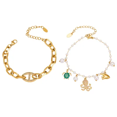 High Quality 18k Gold Plated Stainless Steel Faux Pearl Bracelet, Waterproof Hypoallergenic DIY Jewelry for Women