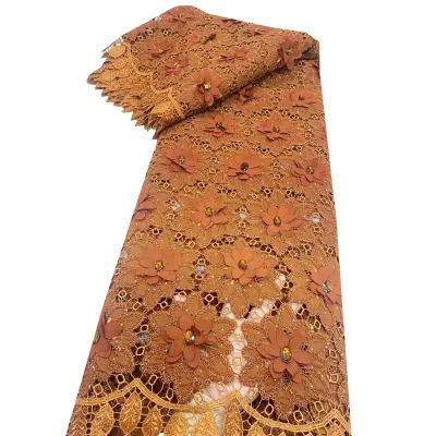 CoffeeBrown Premium Chiffon Applique Rhinestone Lace Fabric Floral Hollow Embroidery Lace West African Traditional Attire Fabric